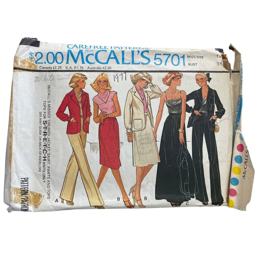 McCalls 5701 Misses Jacket Skirt Pants & Tops Sewing Pattern Size 12 Vintage CUT